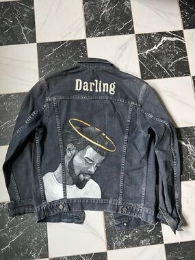 Brandy Melville Black Denim Jacket with Painted Portrait J.Cole Gold Halo